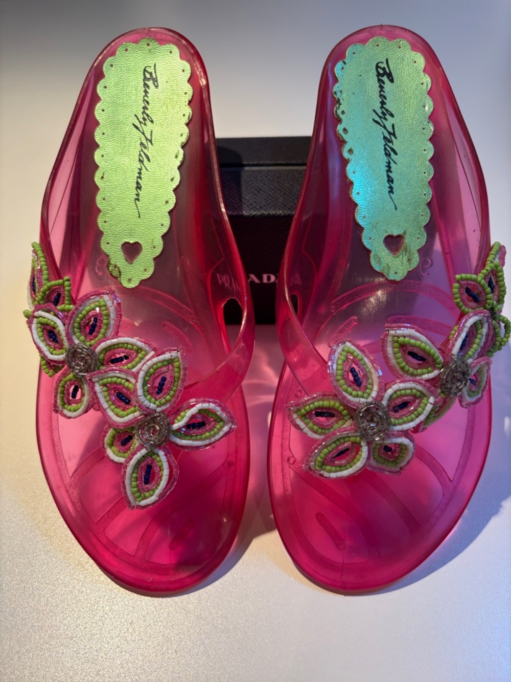 Beverly Feldman Pink Jelly Slides with Green  and White Floral Appliqué